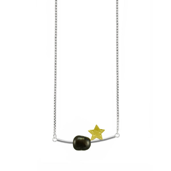 Shimmering Dreams Gold Star Necklace with black pearl by Maria Blondet Jewelry