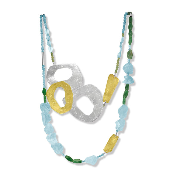 Blue Lagoon: Blue and Green Semi Precious Stone Long Necklace DOUBLE STRANDED by Maria Blondet Jewelry