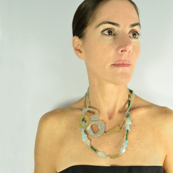 Blue Lagoon: Blue and Green Semi Precious Stone Long Necklace ON MODEL by Maria Blondet Jewelry