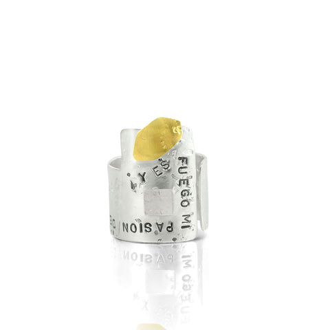 Brilliance: Silver and gold ring with text FRONTAL VIEW by Maria Blondet Jewelry