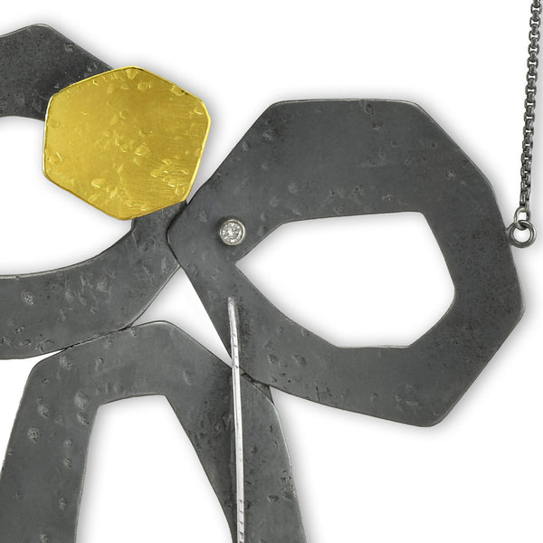 Celestial Encounters Oxidized Silver and Gold Necklace with Diamond CLOSER VIEW by Maria Blondet Jewelry