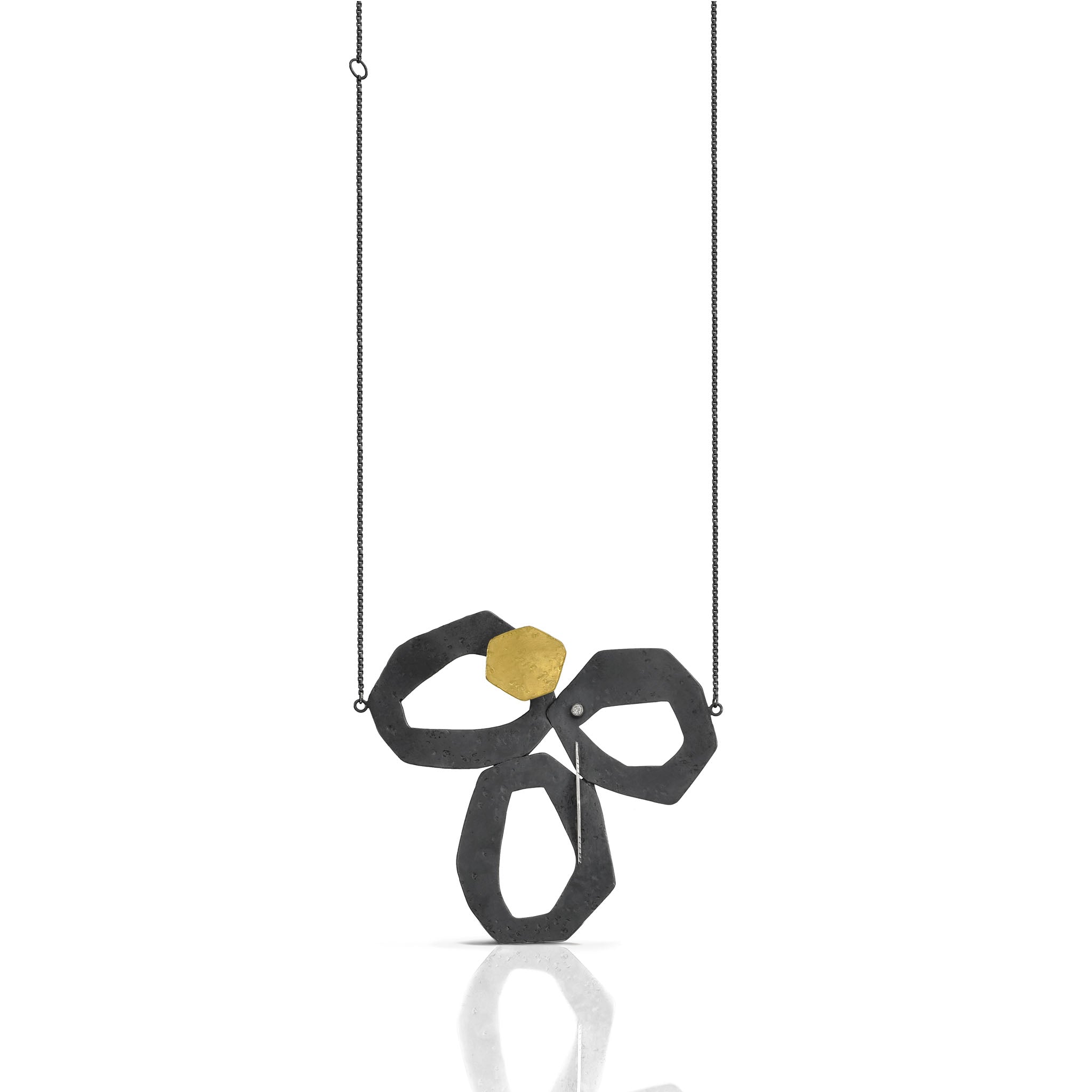Celestial Encounters Oxidized Silver and Gold Necklace with Diamond FRONTAL VIEW by Maria Blondet Jewelry