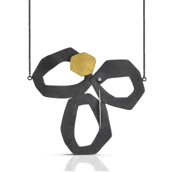 Celestial Encounters Oxidized Silver and Gold Necklace with Diamond CLOSE UP by Maria Blondet Jewelry