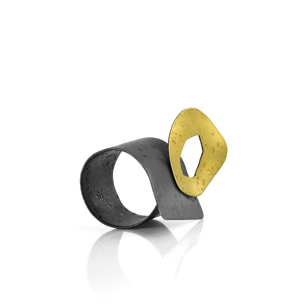 Deep Space oxidized silver and 22K gold cocktail ring angle view by Maria Blondet Jewelry