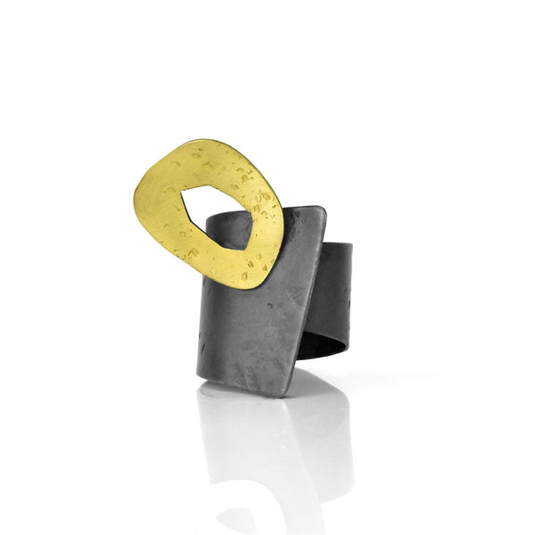 Deep Space oxidized silver and 22K gold cocktail ring frontal view