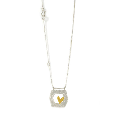 framed heart silver and gold necklace frontal view by maria blondet