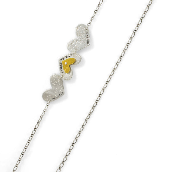 Linked Together Silver and Gold Heart Long Necklace personalized jewelry close up by maria blondet