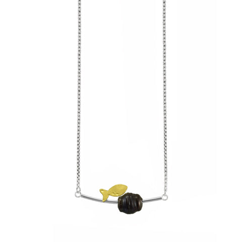 Ocean Dreams Fish Necklace with Black pearl by Maria Blondet Jewelry