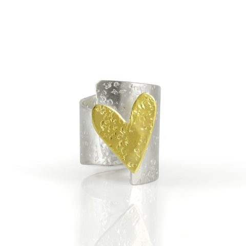 Overlapped Gold Heart Silver Ring frontal view by Maria Blondet Jewelry