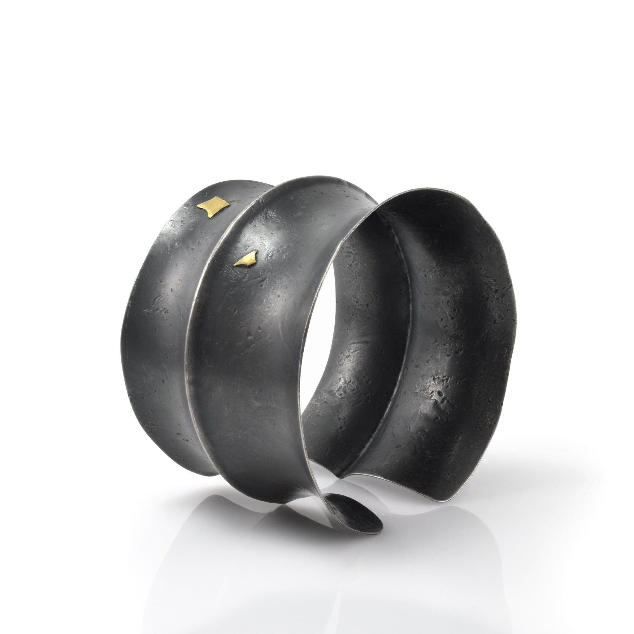 Starry Night Oxidized silver and 22K gold cuff bracelet angle view by Maria Blondet 