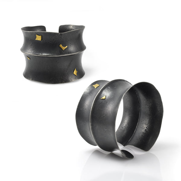 Starry Night Oxidized silver and 22K gold cuff bracelet composition by Maria Blondet