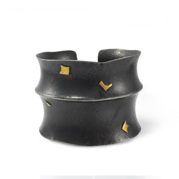 Starry Night Oxidized silver and 22K gold cuff bracelet frontal view by Maria Blondet