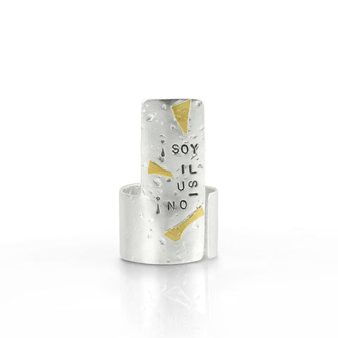 Words of Wisdom: Argentium silver and 22K gold tall ring with text