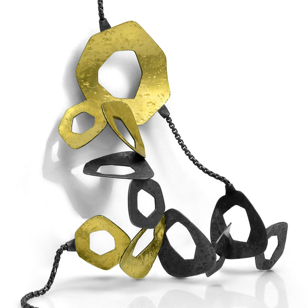 Blinding Creation Necklace: oxidized silver and gold sculptural necklace