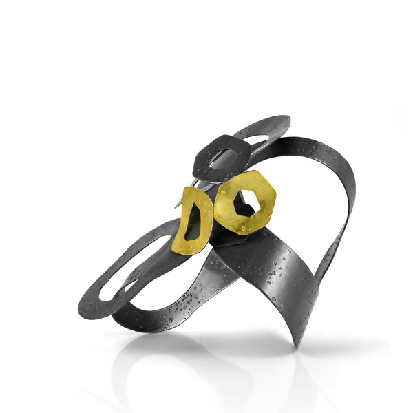 Meteor Oxidized silver and 22K Gold Sculptural Cuff ANGLE VIEW by Maria Blondet