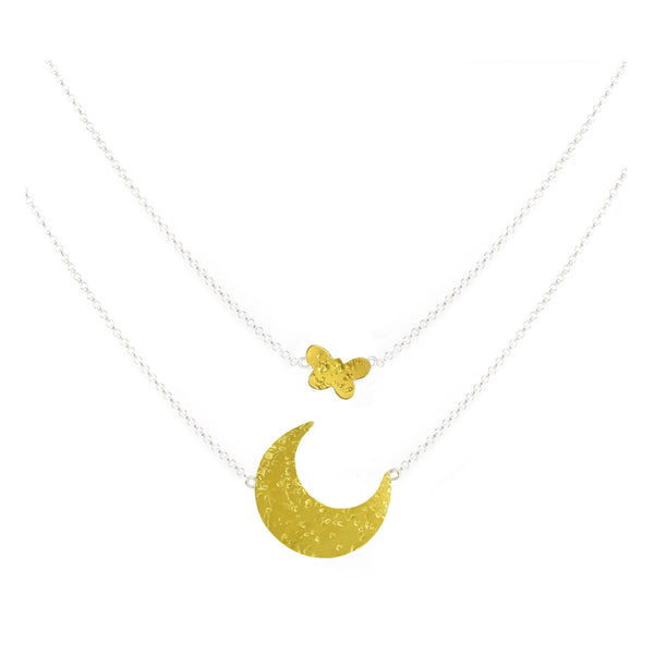 mini gold butterfly necklace with large Moon Necklace by maria blondet