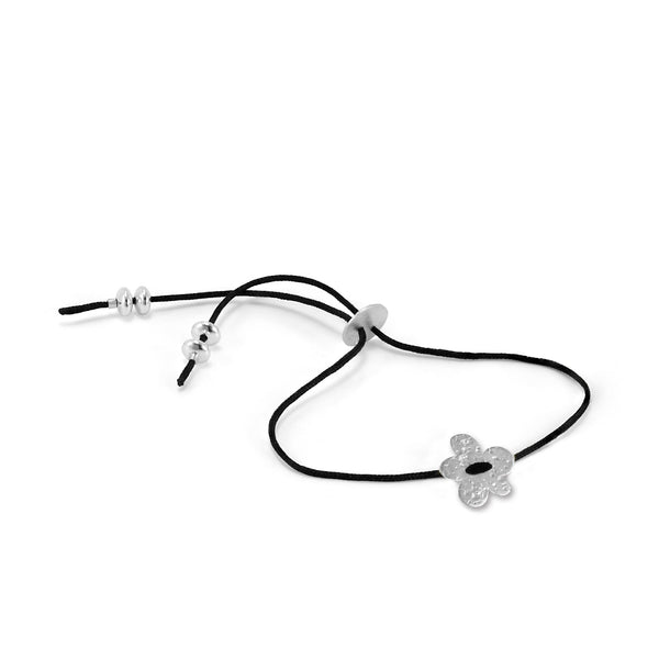 silver flower friendship bracelet on black cord