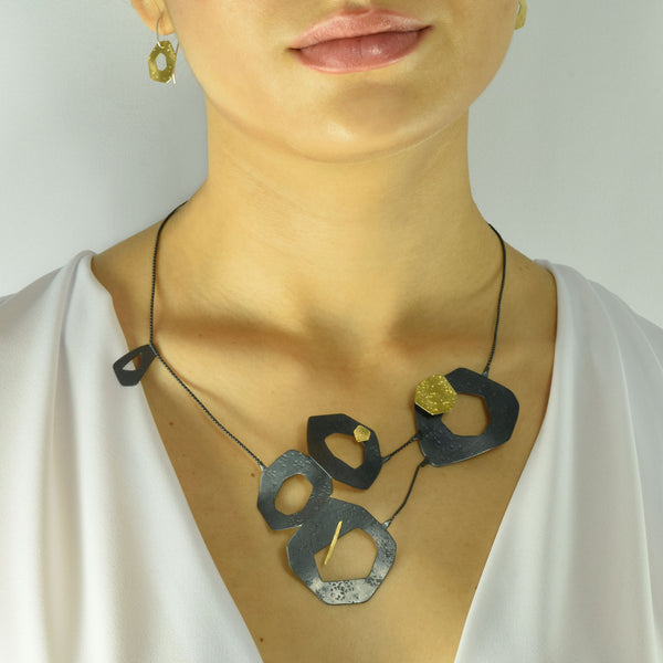 Singularity Oxidized Silver and Gold Necklace ON MODEL by Maria Blondet jewelry